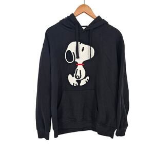 Peanuts Snoopy Dog Embroidered Graphic Black Pullover Sweatshirt Hoodie XL
